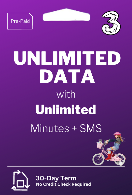 Three UNLIMITED DATA + Unlimited calls and SMS.